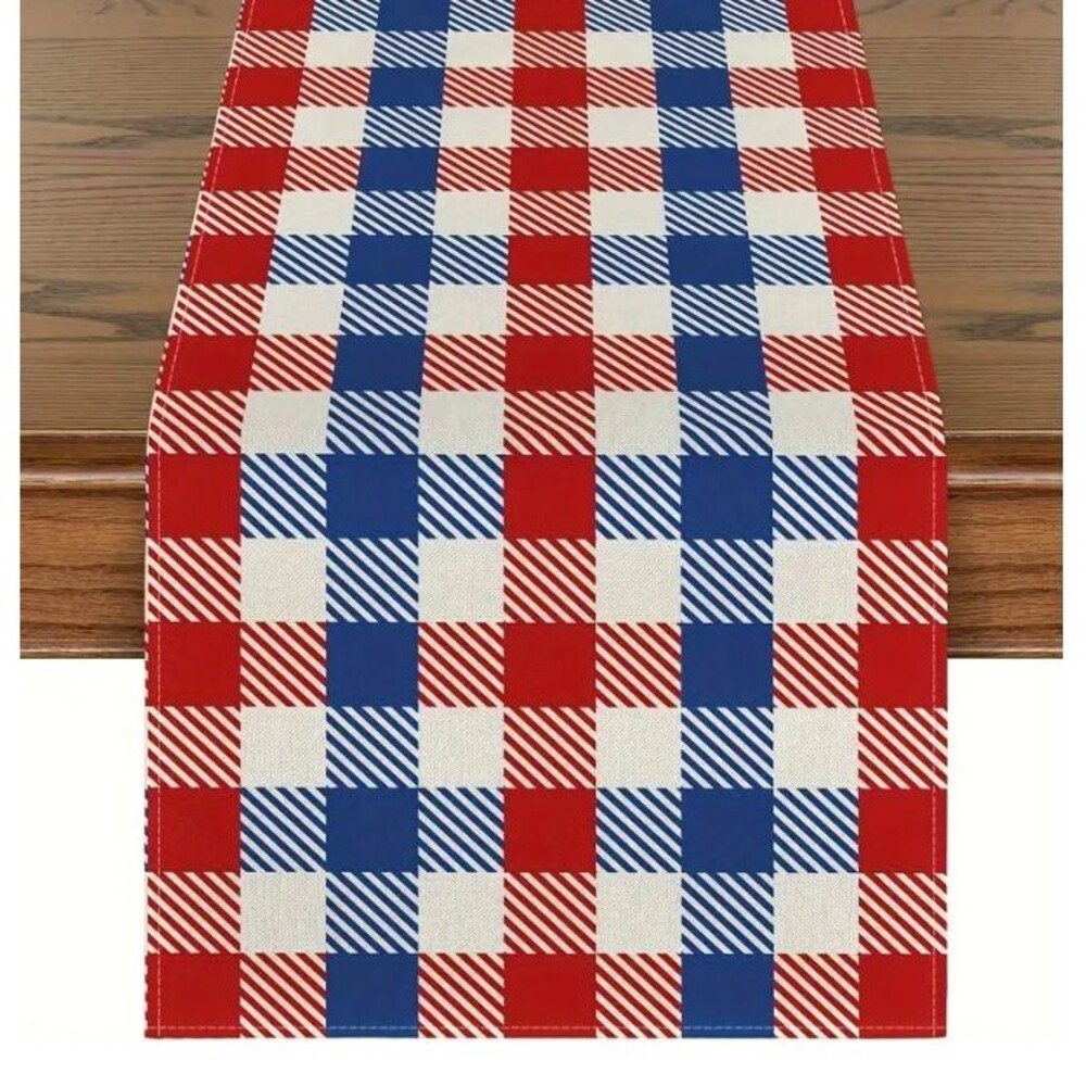 Table Runner 13x72in Red, White and Blue Check Linen New